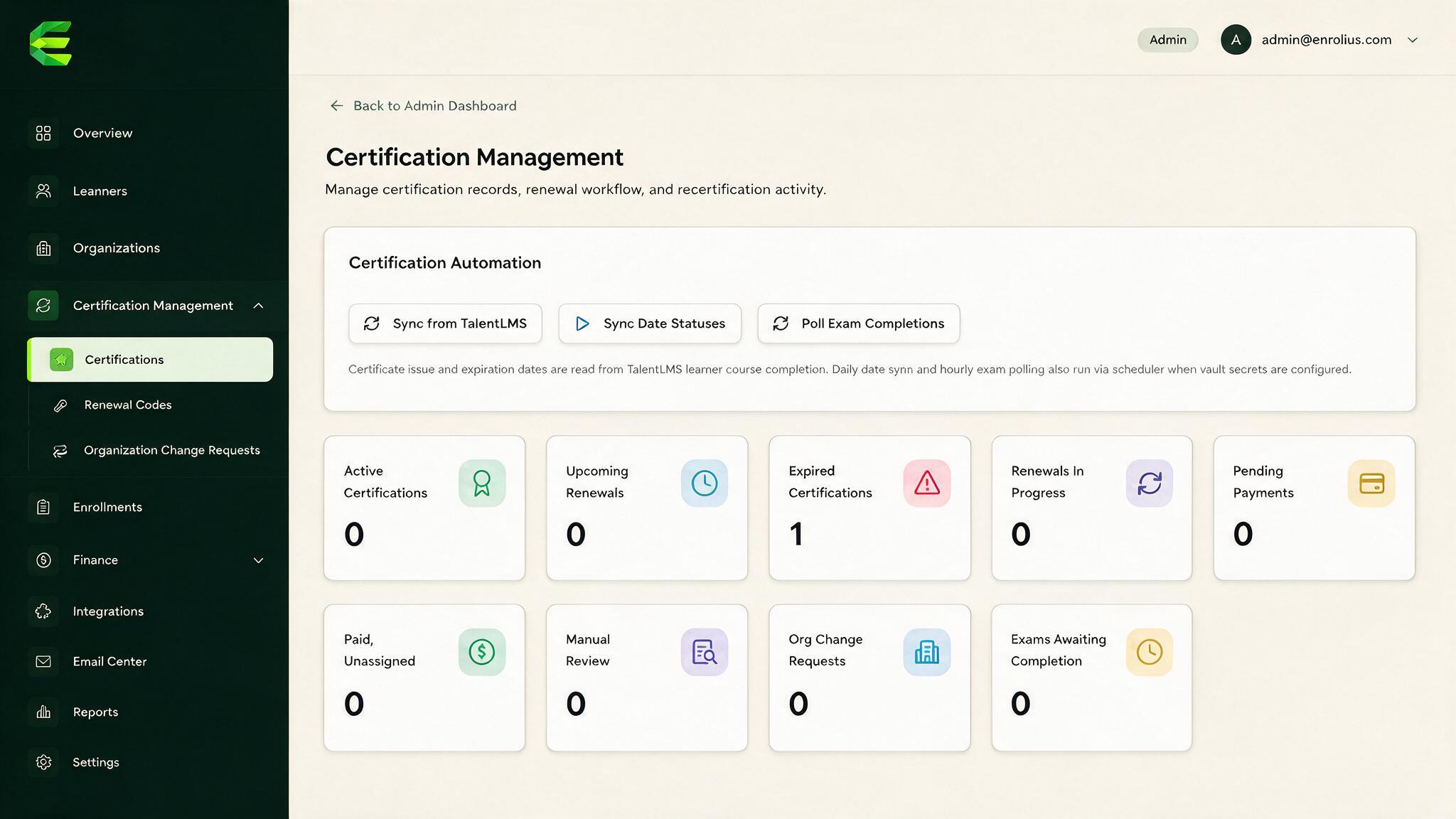 Enrolius integrations and webhooks dashboard